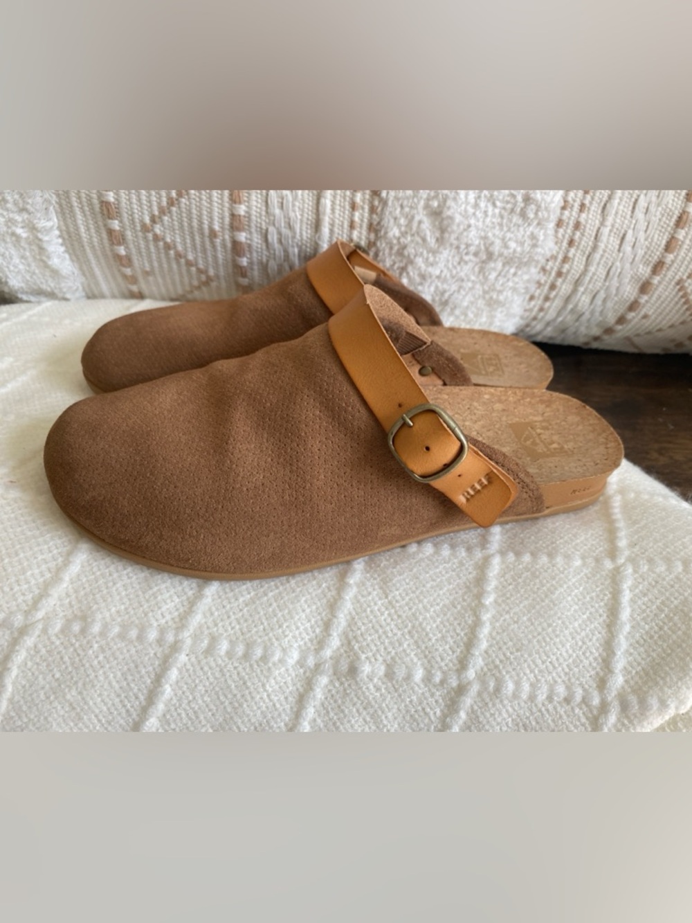 Reef Coco Suede Slip-On Clogs with Tan Strap